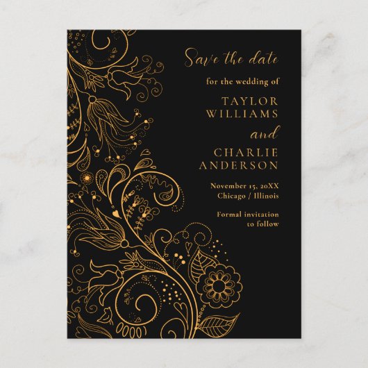 Goud Zwart Elegant Bloemen Bruiloft Save The Date Briefkaart (Voorkant)