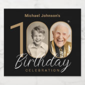 Goud Zwart Elegant Foto 100e Verjaardagsfeestje Sparkling Wijnetiket (Enkel label)