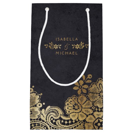 Goud zwart elegant kant bruiloft gunsttas klein cadeauzakje (Voorkant)