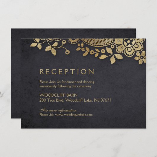 Goud zwart elegant  kant bruiloft receptie kaart (Voorkant / Achterkant)