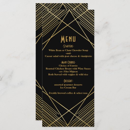 Goud & Zwart Elegant Modern Glam Deco Wedding Menu (Voorkant / Achterkant)