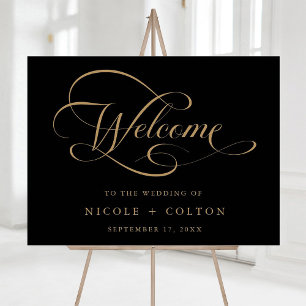 Goud & Zwart Elegant Script Huwelijk Welkomstbord Poster