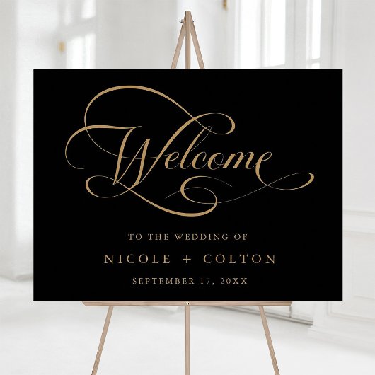 Goud & Zwart Elegant Script Huwelijk Welkomstbord Poster