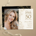 Goud Zwart Elegant Verrassingsfoto 50e Verjaardag Kaart<br><div class="desc">Bloemengouden crème en zwarte verrassing 50ste verjaardag feestuitnodiging met uw foto op de voorkant van de kaart. Elegant modern ontwerp met botanische overzichtstekeningen, accenten en typografie script lettertype. Eenvoudige trendy uitnodigingskaart perfect voor een stijlvol vrouwen dagfeest. Kan worden aangepast aan elke leeftijd. Gedrukte Zazzle-uitnodigingen of direct download digitale afdrukbare sjabloon....</div>