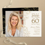 Goud Zwart Elegant Verrassingsfoto 60e Verjaardag Kaart<br><div class="desc">Bloemengouden crème en zwarte verrassing 60ste verjaardag feestuitnodiging met uw foto op de voorkant van de kaart. Elegant modern ontwerp met botanische overzichtstekeningen, accenten en typografie script lettertype. Eenvoudige trendy uitnodigingskaart perfect voor een stijlvol vrouwen dagfeest. Kan worden aangepast aan elke leeftijd. Gedrukte Zazzle-uitnodigingen of direct download digitale afdrukbare sjabloon....</div>