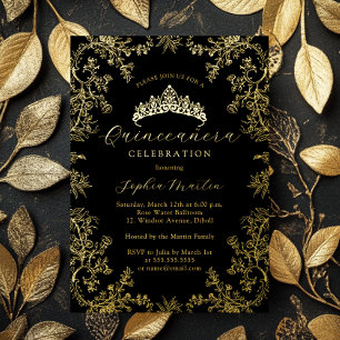 Goud Zwart Elegant Vintage Quinceanera Folie Uitnodiging