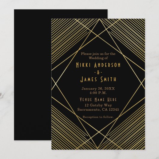 Goud & Zwart Elegante Moderne Glam Deco Uitnodigin Kaart (Voorkant / Achterkant)
