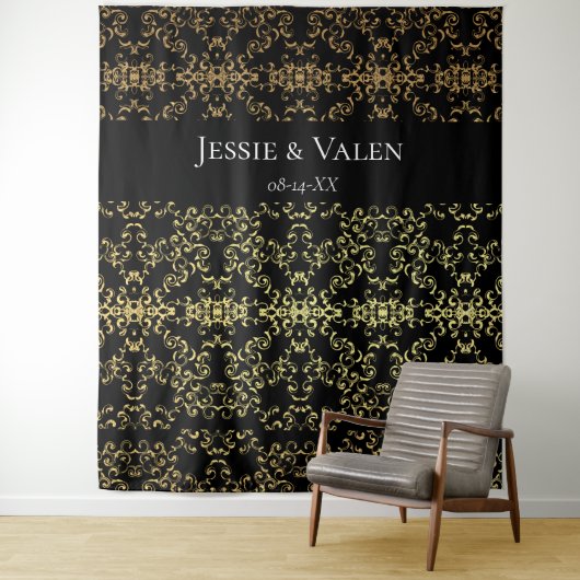 Goud Zwart Elegante Spiraal Gotische Bruiloft Wandkleed (In situ)