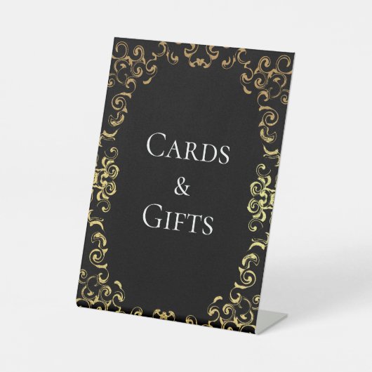 Goud Zwart Elegante Swirl Gothic Wedding Reclamebord Met Voetstuk (Voorkant)