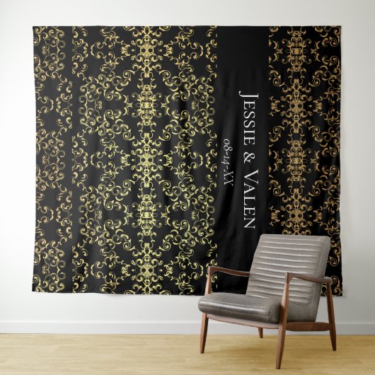 Goud Zwart Elegante Swirl Gothic Wedding Wandkleed (In Situ (horizontaal))