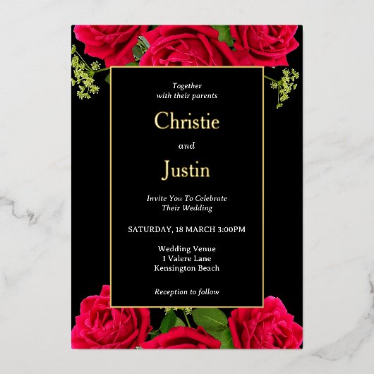 Goud Zwart en Bourgogne Roos bruiloft uitnodiginge Folie Uitnodiging (Voorkant)