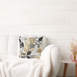 Goud, Zwart en Grijs Blad Wingerd Ontwerp Kussen