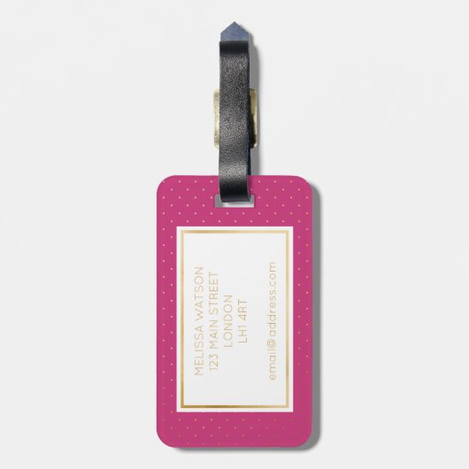 Goud, zwart en warm roze tiny Polka Dot Bagagelabe Bagagelabel (Achterkant verticaal)