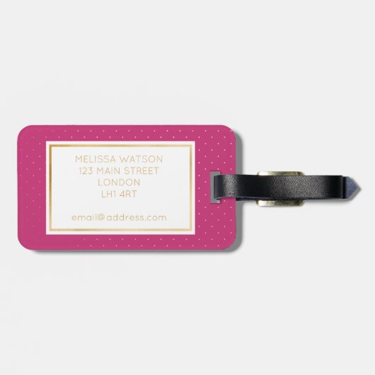 Goud, zwart en warm roze tiny Polka Dot Bagagelabe Bagagelabel (Achterkant horizontaal)