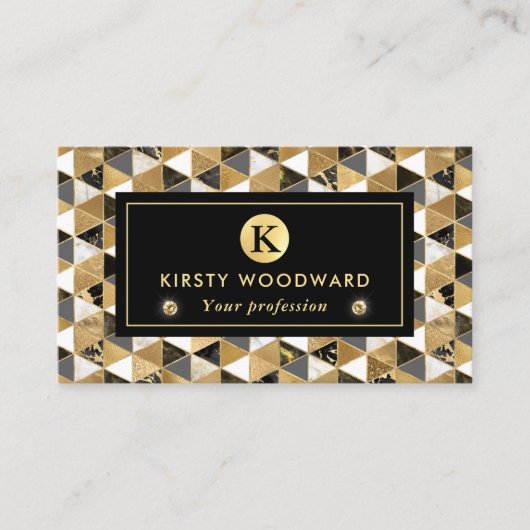 Goud, Zwart en Wit Marmeren Geometrische Textuur Visitekaartje (Voorkant)