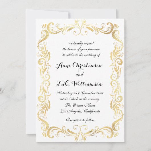 goud, zwart en wit script bruiloft kaart (Voorkant)