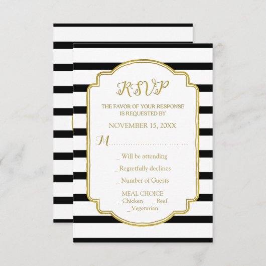 Goud Zwart en Wit Strepen Bruiloft RSVP (Voorkant / Achterkant)