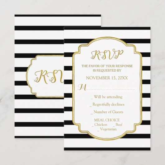 Goud Zwart en Wit Strepen Bruiloft RSVP Kaartje (Voorkant / Achterkant)
