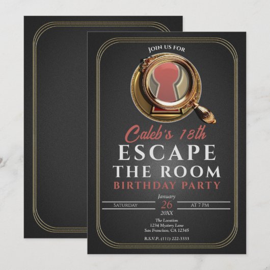 Goud & Zwart Escape Room Game Verjaardagsfeest Kaart (Voorkant / Achterkant)