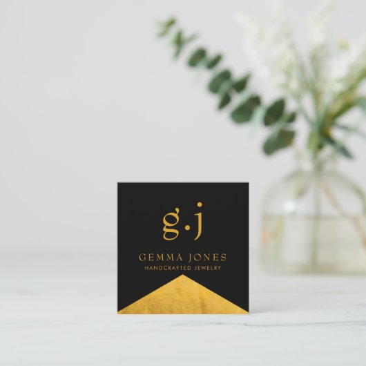Goud Zwart Faux Goud Folie Rand Sieraden Designer Vierkante Visitekaartje (Staand voorkant)