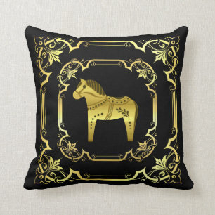 Goud/zwart Folk Dala-paard, gelaagd design/zwart Kussen