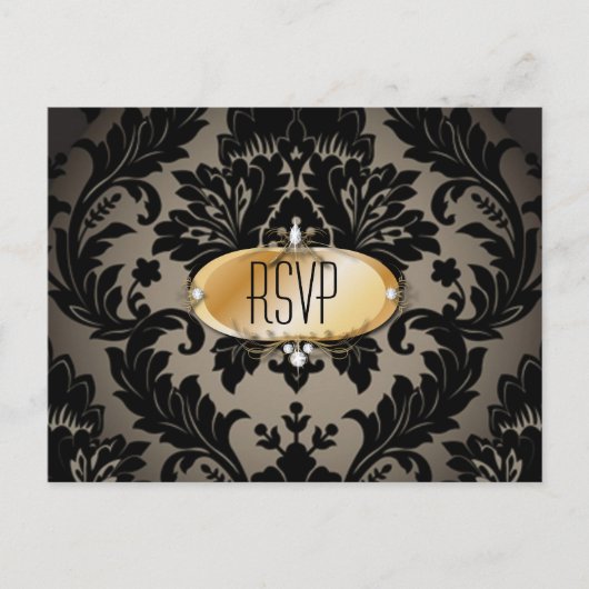  Goud Zwart Formeel Damask Wedding RSVP Uitnodiging Briefkaart (Voorkant)