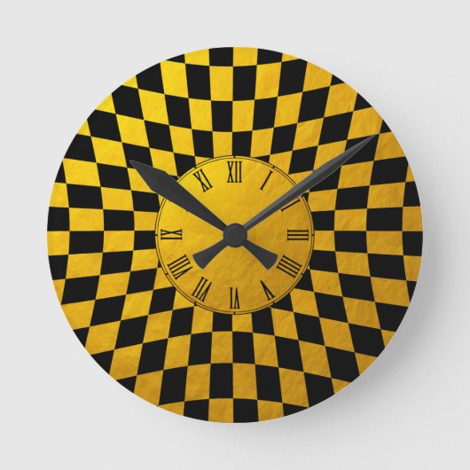 Goud & Zwart geruit vierkant patroon / Retro desig Ronde Klok (Voorkant)