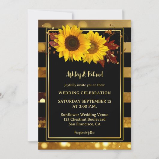 Goud Zwart Gestreepte Zonnebloem Bruiloft Kaart (Voorkant)