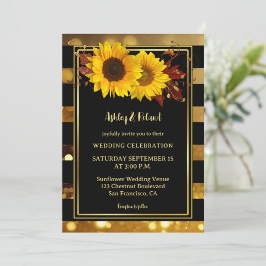 Goud Zwart Gestreepte Zonnebloem Bruiloft Kaart (Staand voorkant)