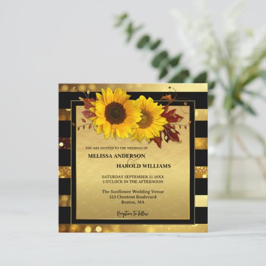 Goud Zwart Gestreepte Zonnebloem Herfst Bruiloft Kaart (Staand voorkant)