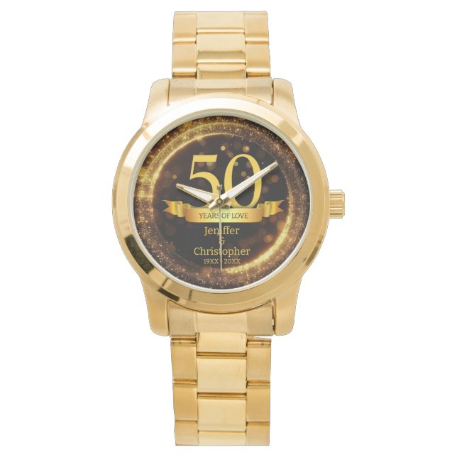 Goud & Zwart Glitter Edit Jaar Bruiloft Jubileum Horloge (Voorkant)