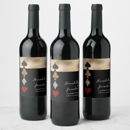 Goud & Zwart Glitter Las Vegas Casino Bruiloft Wijn Etiket (Flessen)
