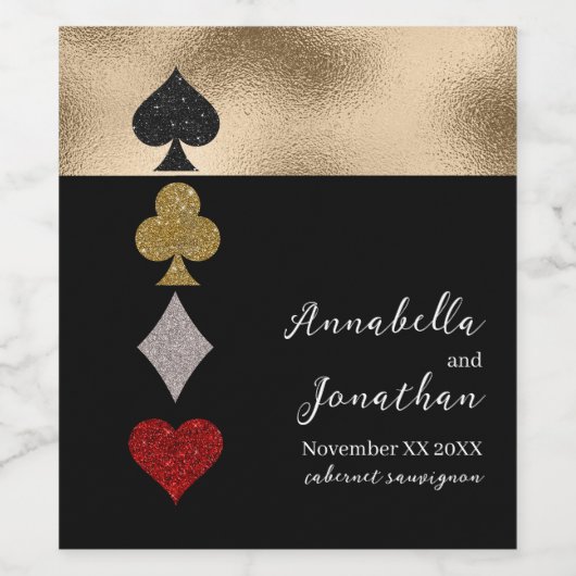 Goud & Zwart Glitter Las Vegas Casino Bruiloft Wijn Etiket (Enkel label)