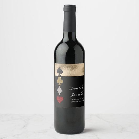 Goud & Zwart Glitter Las Vegas Casino Bruiloft Wijn Etiket (Voorkant)