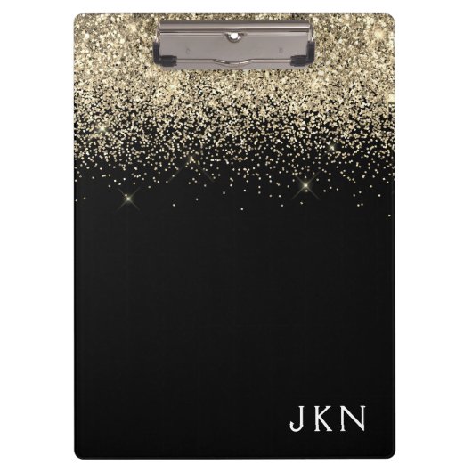 Goud Zwart Glitter Meisjesachtige Monogram Beginle Klembord (Voorkant)