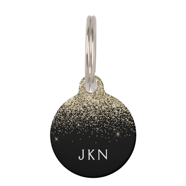 Goud Zwart Glitter meisjesnaam Initialen Monogram Huisdierpenning (Voorkant)