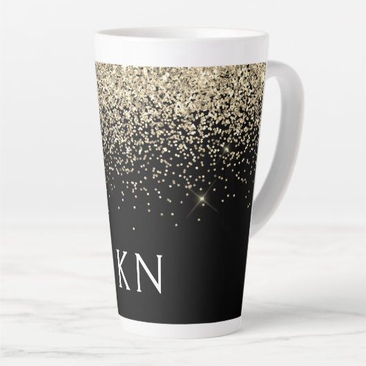 Goud Zwart Glitter Monogram Meisjesachtige Initial Latte Mok (Rechterhoek)