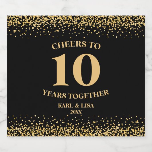 Goud Zwart Glitter Proost 10 jaar Jubileum Sparkling Wijnetiket (Enkel label)