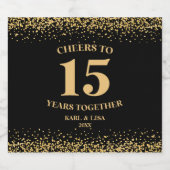 Goud Zwart Glitter Proost 15 jaar Jubileum Sparkling Wijnetiket (Enkel label)
