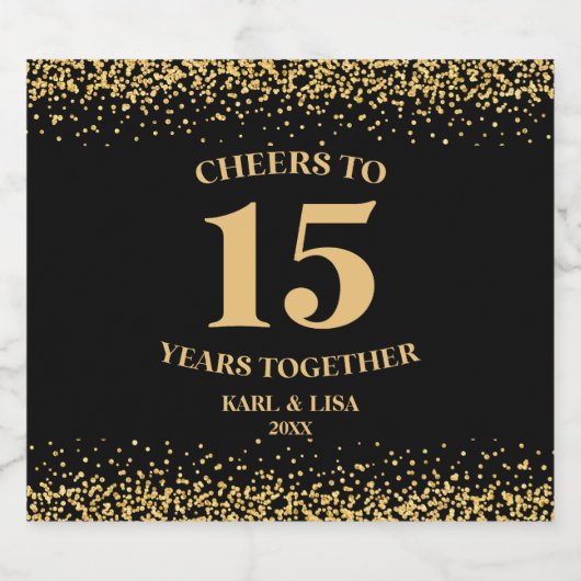 Goud Zwart Glitter Proost 15 jaar Jubileum Sparkling Wijnetiket (Enkel label)