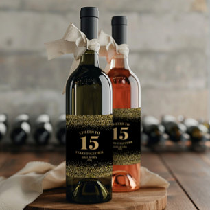 Goud Zwart Glitter Proost 15 jaar Jubileum Wijn Etiket