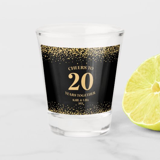 Goud Zwart Glitter Proost 20 jaar Jubileum Shot Glas (Voorkant)