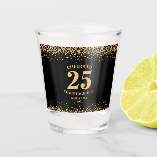 Goud Zwart Glitter Proost 25 jaar Jubileum Shot Glas (Voorkant)