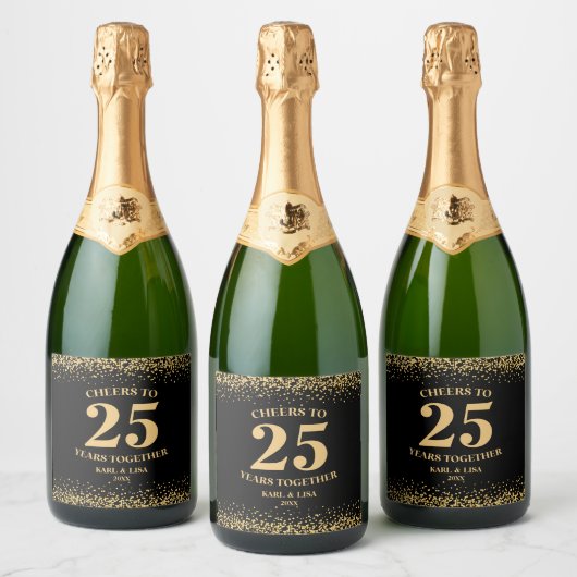 Goud Zwart Glitter Proost 25 jaar Jubileum Sparkling Wijnetiket (Flessen)