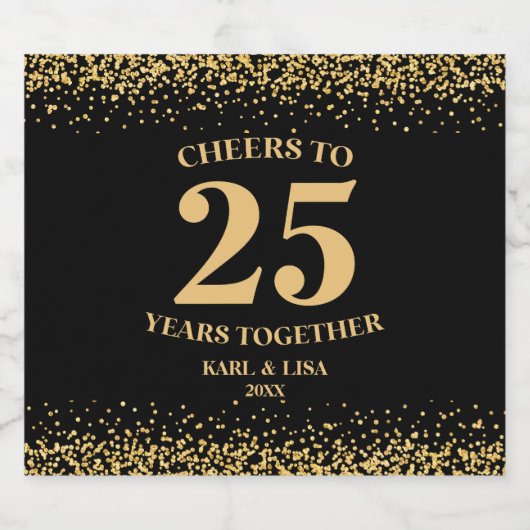 Goud Zwart Glitter Proost 25 jaar Jubileum Sparkling Wijnetiket (Enkel label)