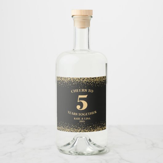Goud Zwart Glitter Proost tot 5 jaar Jubileum Likeurfles Etiket (Voorkant)