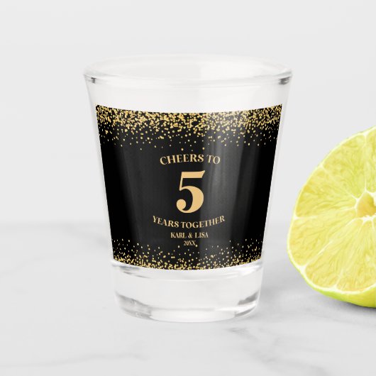 Goud Zwart Glitter Proost tot 5 jaar Jubileum Shot Glas (Voorkant)