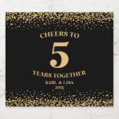 Goud Zwart Glitter Proost tot 5 jaar Jubileum Sparkling Wijnetiket (Enkel label)