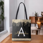 Goud Zwart Glitter Sparkle Elegant Monogram Tote Bag<br><div class="desc">Luxe gouden en zwarte faux sprankeling en glitter elegante monogram boekentas. Deze boekentas kan worden aangepast om uw initiaal en voornaam op te nemen en als cadeau te geven voor kerst,  lieve 16-verjaardag,  Vrijgezellenfeest of een bruiloft.</div>