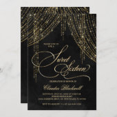 Goud Zwart Glitter Sweet 16 Verjaardag Kaart (Voorkant / Achterkant)